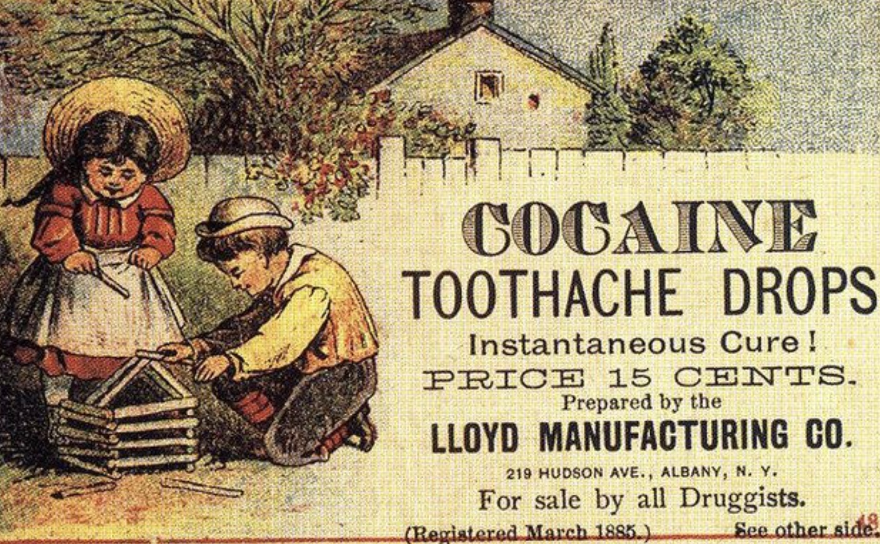 cocaine local anesthetic - Cocaine Toothache Drops Instantaneous Cure! Price 15 Cents. Prepared by the Lloyd Manufacturing Co. 219 Hudson Ave., Albany, N. Y. For sale by all Druggists. Registered . See other side